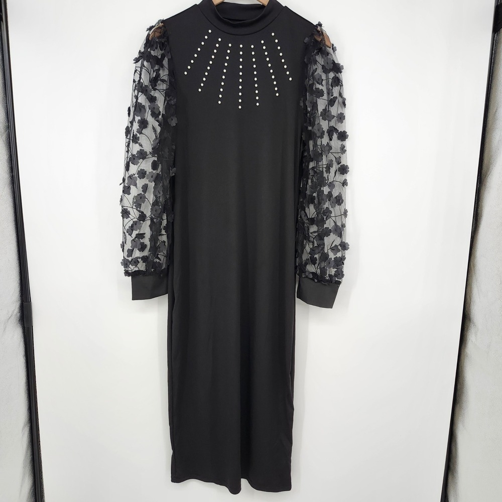Black Sheer Womens Maxi Dress Size 3XL Whimsigoth Grunge Pearls Puff Sleeves‎